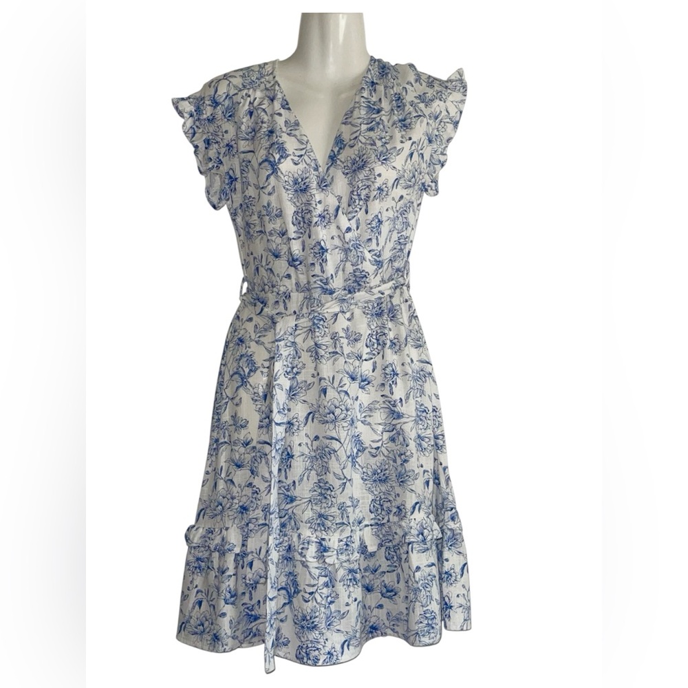 Monteau Blue and White V-Neck Flutter Sleeve Sundress